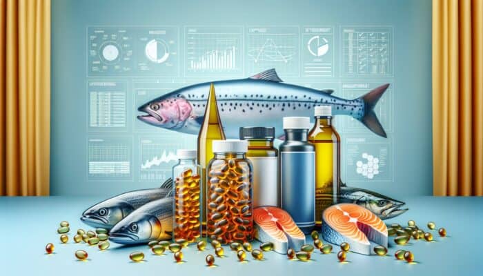 Selecting High-Quality Fish Oil Supplements: Illustrating capsules, liquids, and soft gels featuring salmon, mackerel, and sardines, emphasising omega-3 benefits.