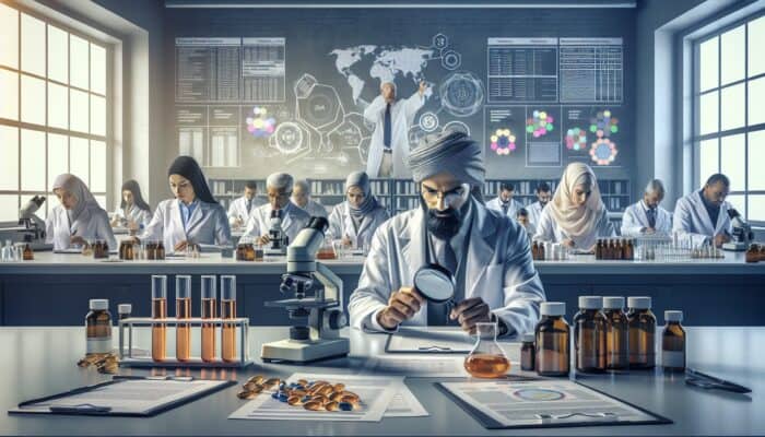 Lab technicians analysing fish oil supplements, ensuring purity, potency, and freshness.