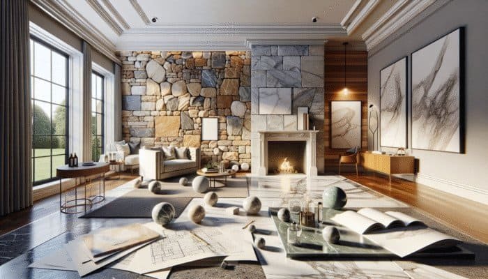 UK home interior featuring sandstone, slate, and marble, maintained by LTP's pH-neutral cleaners, showcasing natural beauty.