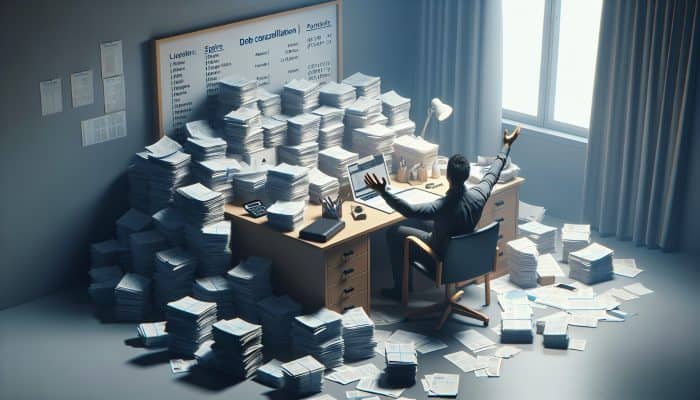 Debt Consolidation Loans With No Fees: UK Guide | DCL Debt Consolidation Loans With No Fees: A person relieved by a single loan document on a desk, replacing scattered bills, symbolizing debt consolidation.