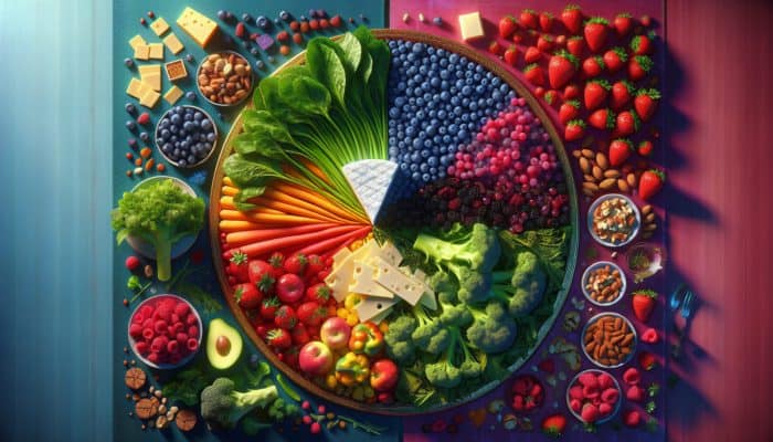 How to Make Filling Meals Under 500 Calories: A table with large portions of low-calorie foods like greens and berries, and a small plate of high-calorie foods like cheese and nuts, illustrating caloric density differences.