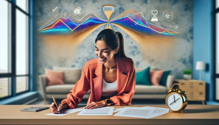 First-time homebuyer signing mortgage papers with declining interest rate graph in background, Stellenbosch.