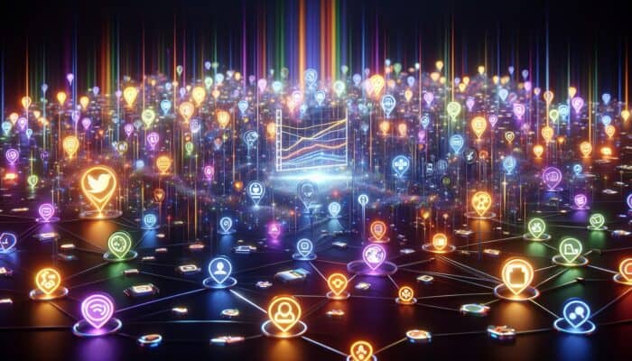 Utilising Social Media for Off-Page SEO: A digital landscape showing social media icons linked to an SEO chart, illustrating enhanced visibility and traffic.