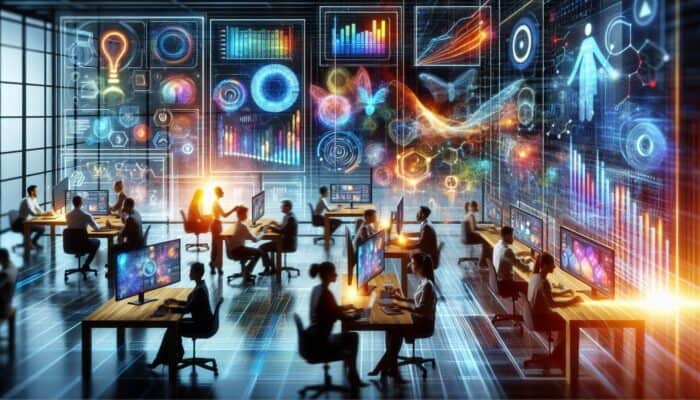 A digital marketing team engaging on social media, optimising content and analysing metrics for SEO improvement.