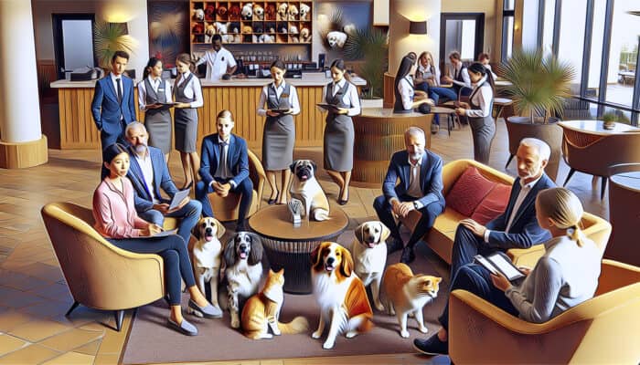 A welcoming hotel lobby featuring pets and staff offering pet-friendly amenities and advice.