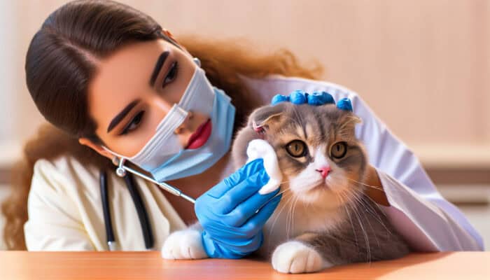 A vet gently cleans a Scottish Fold cat's ear with a cotton ball and vet-approved solution, focusing on the outer ear.