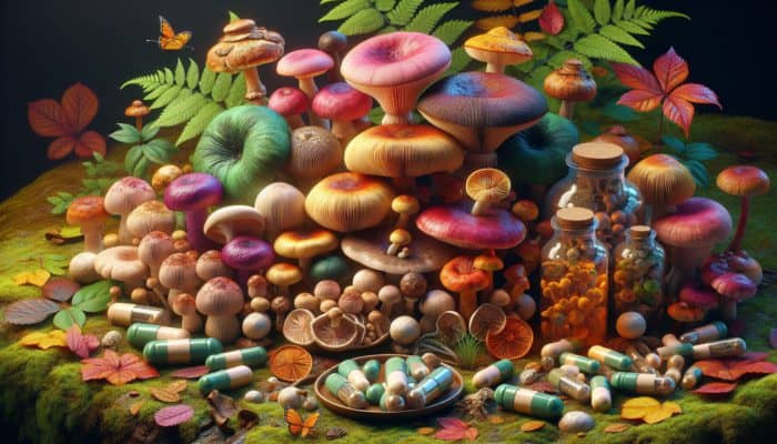 Mushroom Supplements for Endurance: Colourful mushrooms surrounding capsules, powders, and extracts, highlighting bioactive compounds, in a serene forest environment.