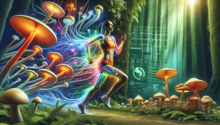 An individual participating in a marathon, energised by vibrant mushroom supplements in a mystical forest filled with colourful mushrooms.