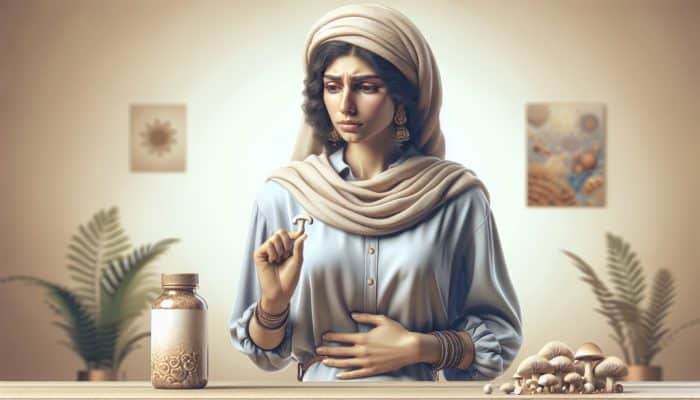 Individual experiencing slight bloating, deep in thought, holding mushroom supplements in a calm, neutral room.