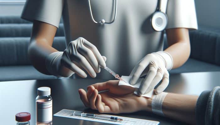 Healthcare professional sanitizing patient's arm for vitamin B12 blood test in Bridlington clinic.