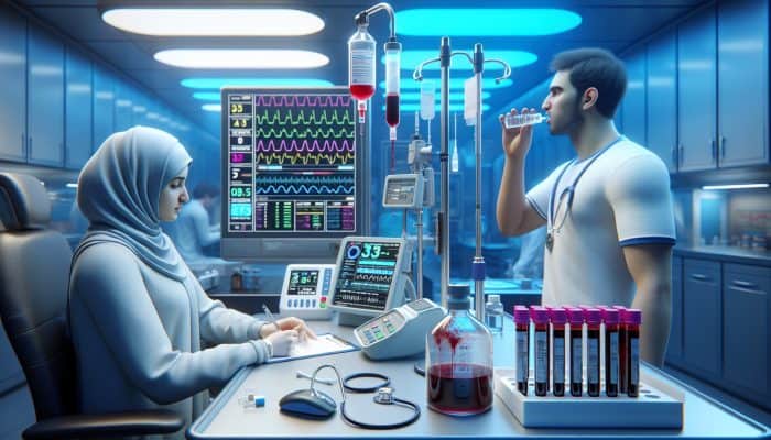 Diabetes Blood Test in Bradford: A medical lab with three stations: fasting patient, A1C blood sample, patient drinking glucose solution.