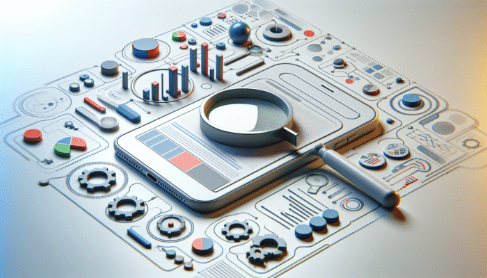 Smartphone displaying search results featuring optimised title tags, along with magnifying glasses and graphs for mobile search optimisation.