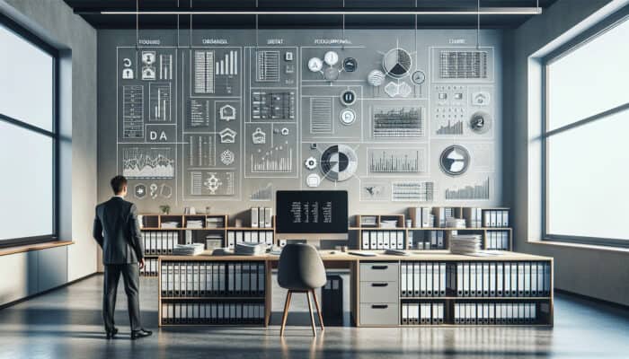 A modern office showcasing effective bookkeeping with a chart of accounts, audit, and organized filing systems.