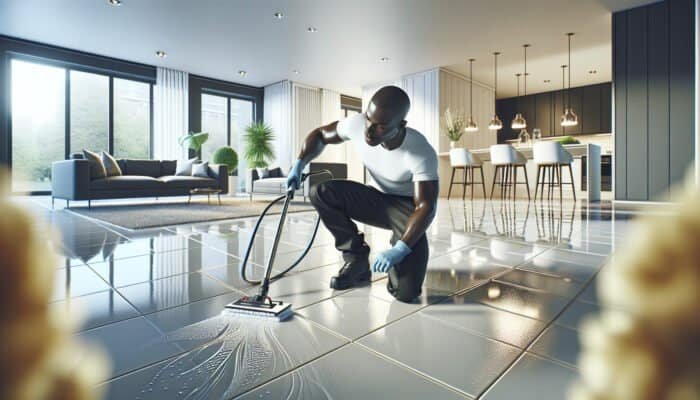 Professional cleaner revitalising home's tiled floor, enhancing vibrancy and appeal.