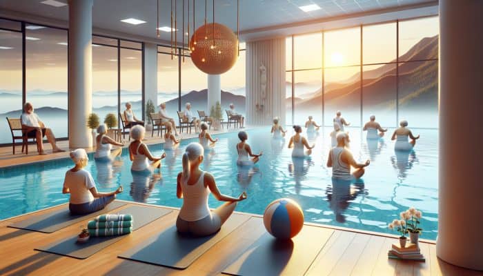 Retirees smiling in a pool doing water aerobics and practising chair yoga in a studio.