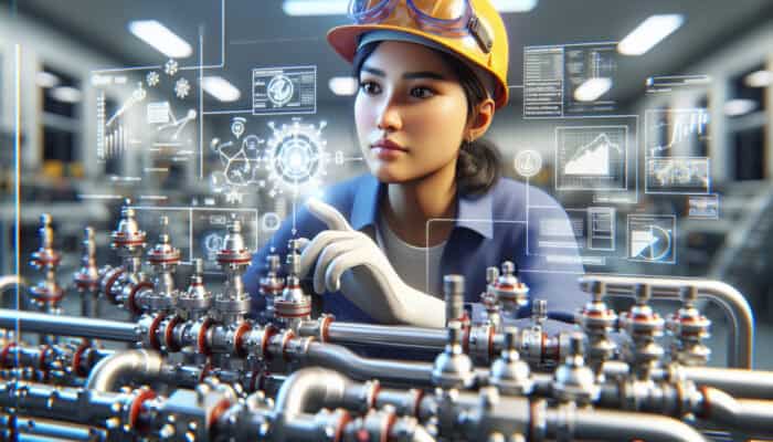Gas line technician working on a pipeline system in a training facility, surrounded by educational resources.