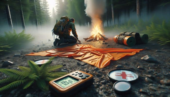 Person in wilderness using orange fabric, reflective materials for 'HELP' symbol, igniting smoky fire, activating GPS for rescue.