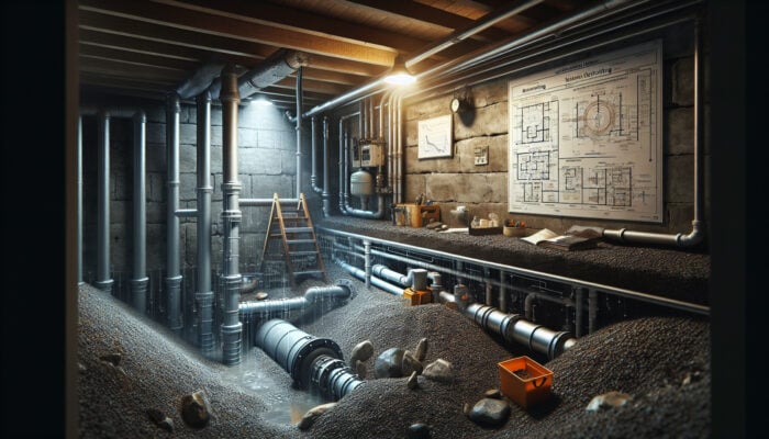 Crawl Space Drainage Services in Mission: A crawl space drainage system in Mission, Canada, featuring pipes, gravel, and a sump pump removing excess water.