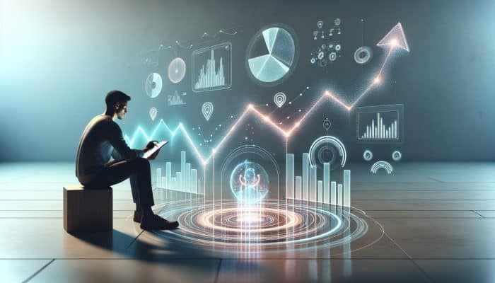 Person monitoring credit score on device, surrounded by financial charts, focusing on consolidation phase report.