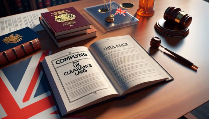 Guidebook on UK clearance laws with legal documents and Union Jack on a law office desk.