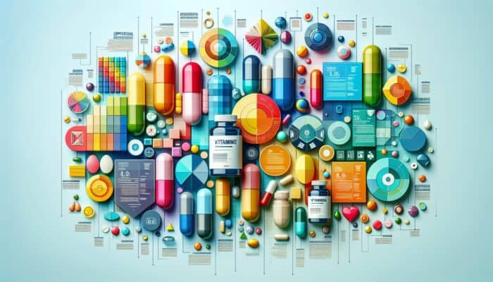 A vibrant infographic showcasing tips for creating supplement-centric content, featuring vitamins and capsules.