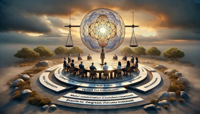 Infographic demonstrating experts collaborating with defined roles, mutual respect, and open communication.