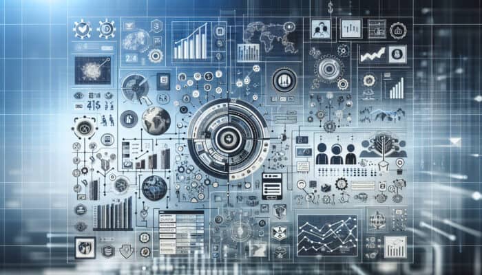 Infographic depicting essential elements of tech company research: financial performance, product offerings, market trends, featuring icons and graphs on a technology-themed backdrop.