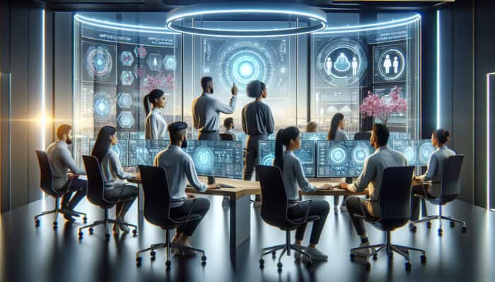 Diverse team of human virtual analysts in a tech office, analysing data demonstrating decreased churn and increased satisfaction.