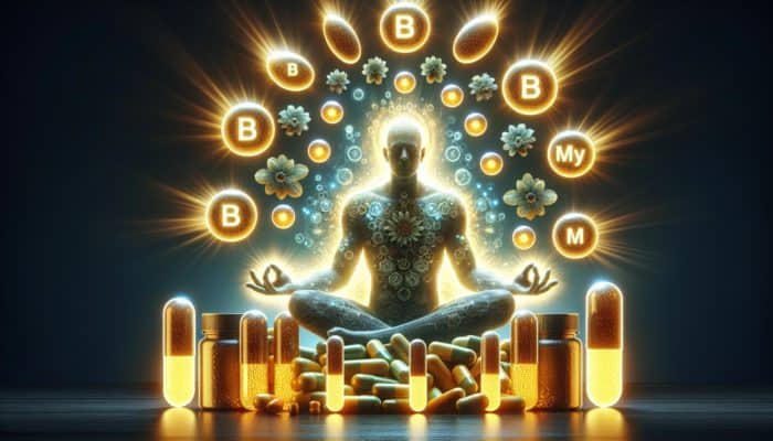 B vitamins and magnesium supplements glowing around a person meditating during fasting.