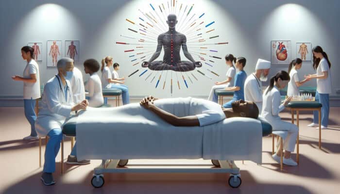 Patients receiving acupuncture in a peaceful UK healthcare environment, integrated into the NHS for holistic wellness.