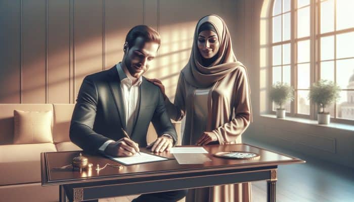 A hopeful individual and their supportive cosigner completing loan documents in a welcoming office environment.