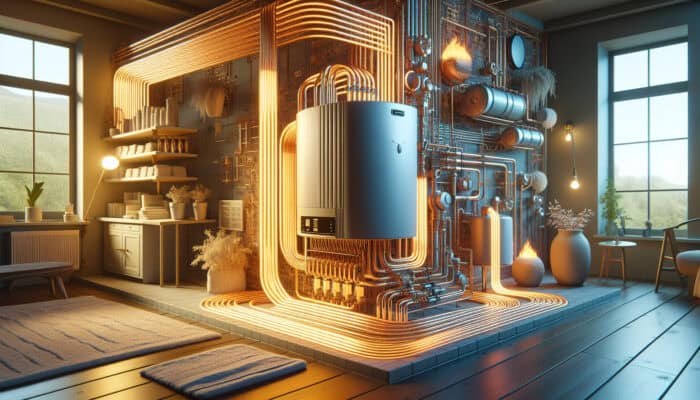 Modern boiler system in a cozy home, providing efficient, allergen-friendly heating through radiators and underfloor systems.