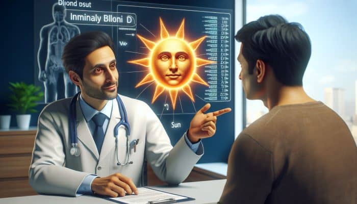 A doctor explaining vitamin D levels to a patient using a chart in a clinic.