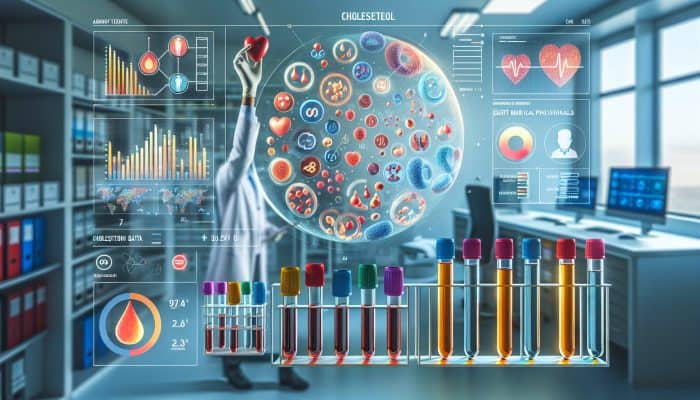 Infographic on cholesterol testing with expert insights, set in a modern Dumfries lab, featuring test tubes and data charts.