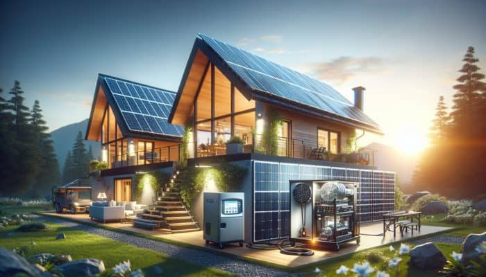 Solar generator with 1000Wh capacity powering refrigerator and power tools in a modern off-grid home under clear skies.