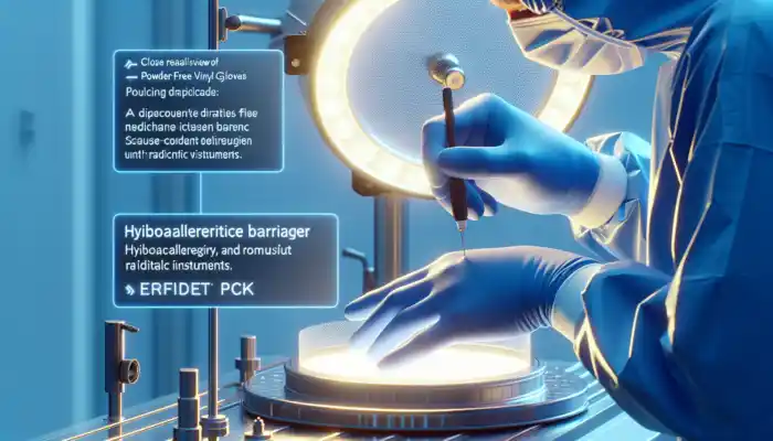 Powder Free Vinyl Gloves in Accrington: Close-up of shiny PVC powder-free gloves worn by a healthcare professional in a sterile UK clinic, handling tools smoothly.