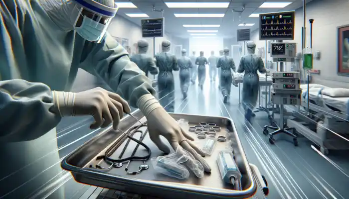 A healthcare professional quickly puts on cost-effective vinyl gloves in a bustling hospital, ensuring protection while safely handling instruments.