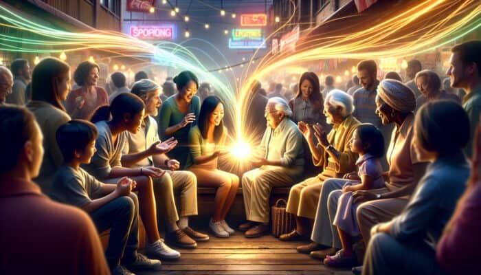 How to Use Storytelling in Supplement Ads: Diverse individuals sharing heartfelt stories around glowing products in a vibrant marketplace, with light threads interweaving trust and brand loyalty.