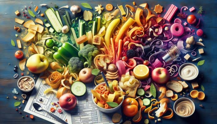 Vibrant kitchen scene with food scraps transformed into delightful upcycled dishes.