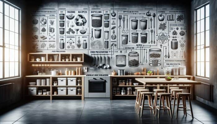 Kitchen scene showcasing food scrap storage, upcycling recipes, and preservation methods like freezing, dehydrating, and fermenting.
