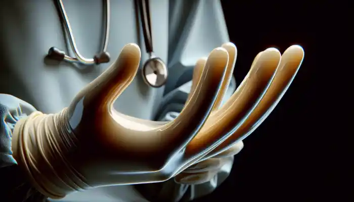 Latex Gauntlet Gloves in Tonbridge: Close-up of shiny, elastic latex gauntlet gloves worn by a healthcare worker in a UK facility, demonstrating barrier protection and hygiene standards.