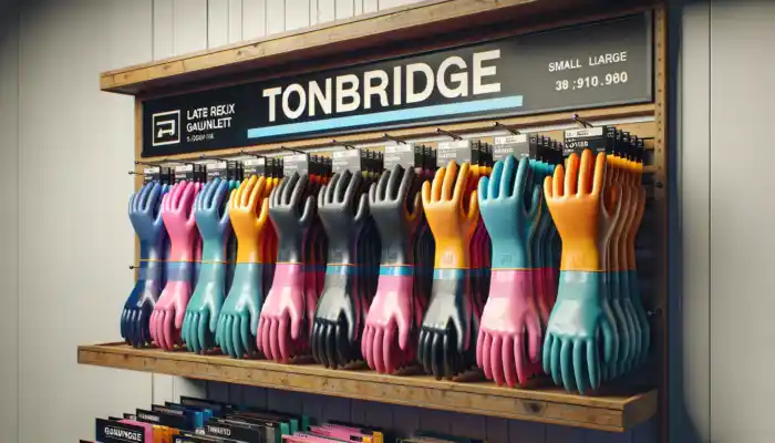 A display of latex gauntlet gloves in sizes from small to extra-large, with long cuffs and textured grips, in various colours on a Tonbridge shelf.