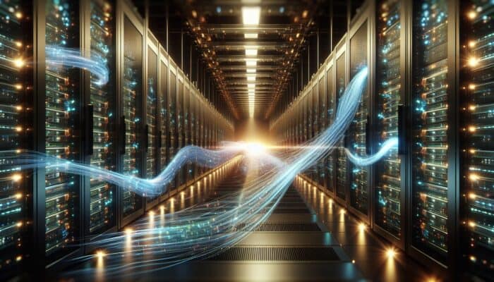 Glowing threads weave through a futuristic server farm, showcasing rising performance graphs for improved speed and efficiency.