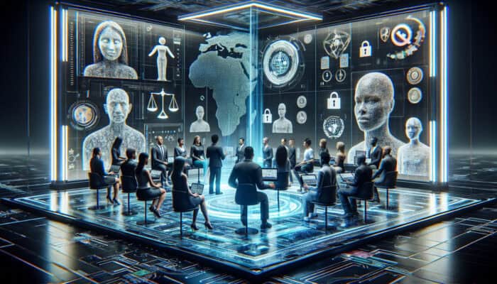 Diverse people from various cultures interact with a holographic virtual assistant in a futuristic room filled with data streams and ethical symbols, fostering trust and global unity.