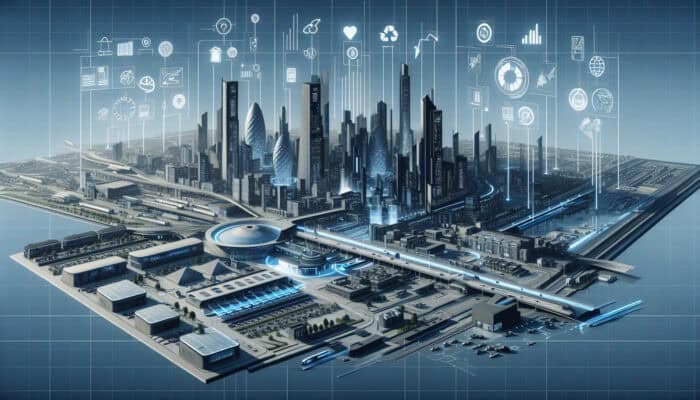 Futuristic UK cityscape with advanced waste management facilities promoting sustainability.