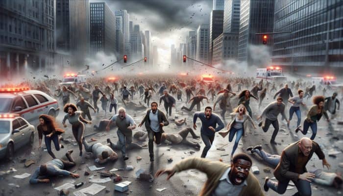 Chaotic urban scene with crowds screaming in fear, running through littered streets, tripping over debris under a stormy sky with flashing emergency lights.