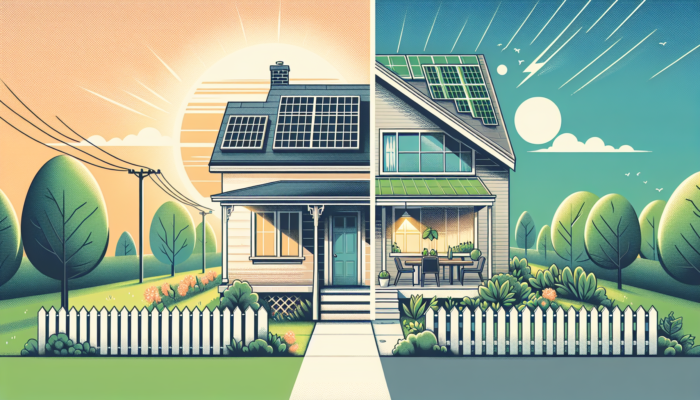 Illustration of entry-level homes' evolution: left, 1950s suburban house with white picket fence; right, modern eco-friendly home with solar panels and green roof.