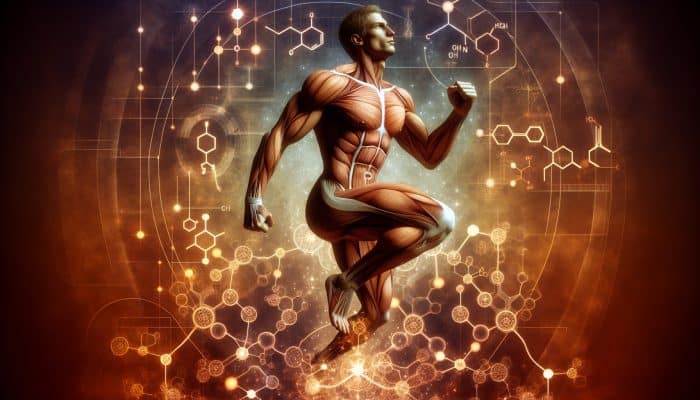 A muscular man in a dynamic pose, surrounded by glowing hormone molecules and body diagrams, in warm tones symbolising men's health and vitality.