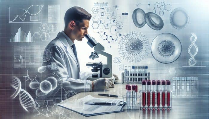 In a laboratory, a dedicated scientist in a white coat examines blood samples under a microscope, with charts and diagrams related to hormone testing.