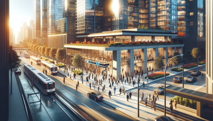 A bustling urban street featuring a modern subway station, busy commuters, upscale apartments, manicured gardens, and luxury vehicles against a bright city backdrop.